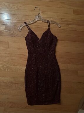Cara Couture Sparkling Burgundy Spaghetti-Strap Mini Dress